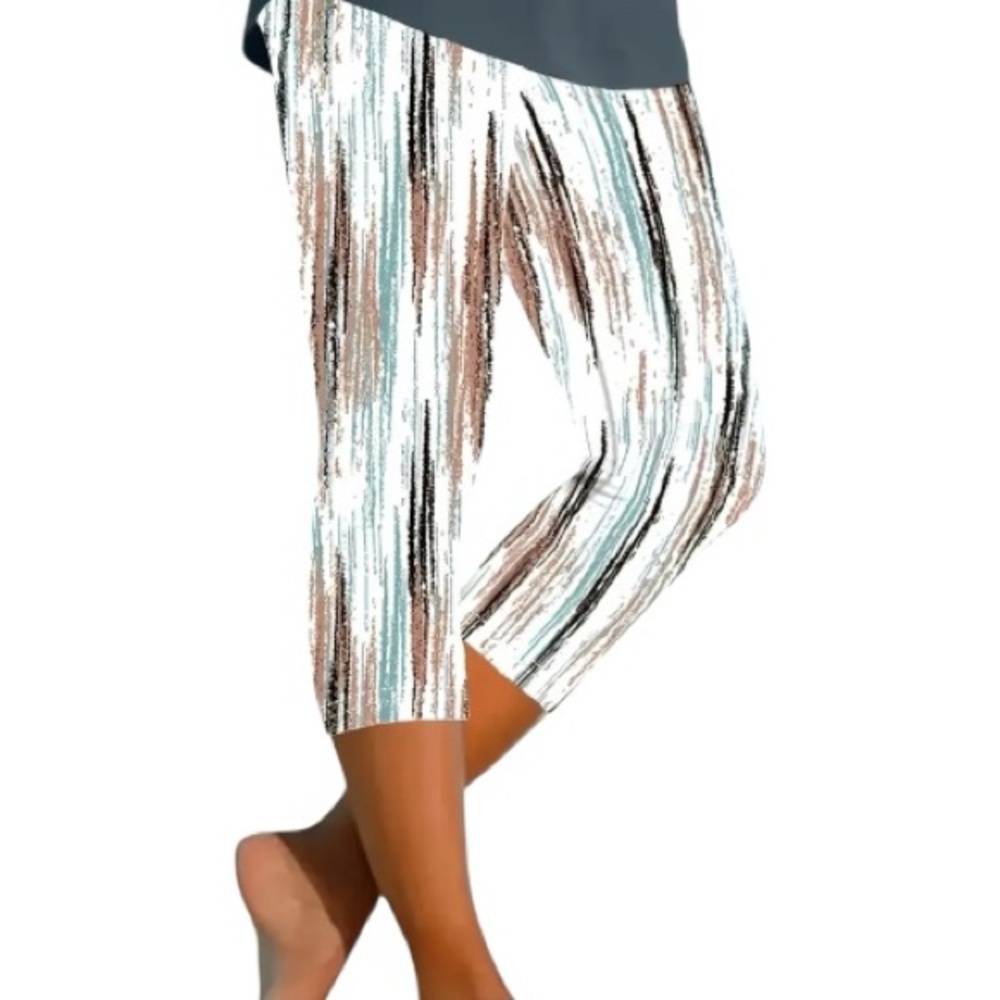 Multicolor Cropped Leggings Splash Print of Teal Brown & Black on White 2X